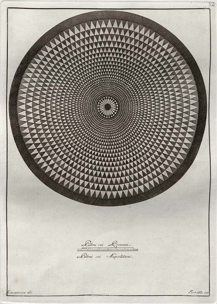Villa dei Papiri, Herculaneum. Circular polychrome mosaic floor, from the belvedere.
Diameter 7.80m, covering an area of 42 square metres, now in Naples Archaeological Museum, but without an inventory number.
According to Gli Ornati -
No.32. “Pavimento circolare a lastre di giallo antico. Le lastres on piramidali e circolarmente disposte in ventidue cerchi concentrici.
Incisione del Fiorillo.”
See Gli ornati delle pareti ed i pavimenti delle stanze dell'antica Pompei incisi in rame: 1838, and Gli Ornati (pt.2. 1808).
According to Papaccio, “this was sketched by Weber on January 13th, 1751, described as the great circular “belvedere mosaic”, so called because it was imagined to have adorned an outlying panoramic point of the Villa.”
See Papaccio, V. The floors of the Villa dei Papiri. (p.56-63, of Buried by Vesuvius, the Villa dei Papiri at Herculaneum, edited by Kenneth Lapatin).
According to Allroggen-Bedel, this was a mosaic floor from the Villa of Papyri at Herculaneum.
See Allroggen-Bedel, A. Il Museo Ercolanense di Portici in Cronache Ercolanese supp. 2, 1983, p. 112.
